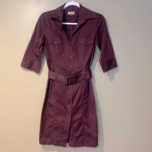 cotton Burgundy belted Shirt Dress structured maroon fitted button up